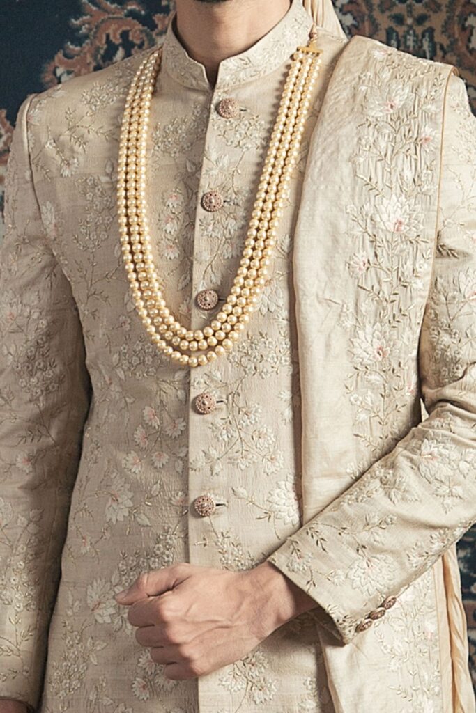 Rachit Khanna Embroidered Sherwani Set | Gold, Tussar, Band Collar, Full