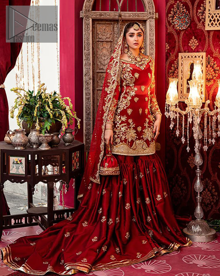 Red Shirt – Back Train Gharara Dupatta as Reception Wear