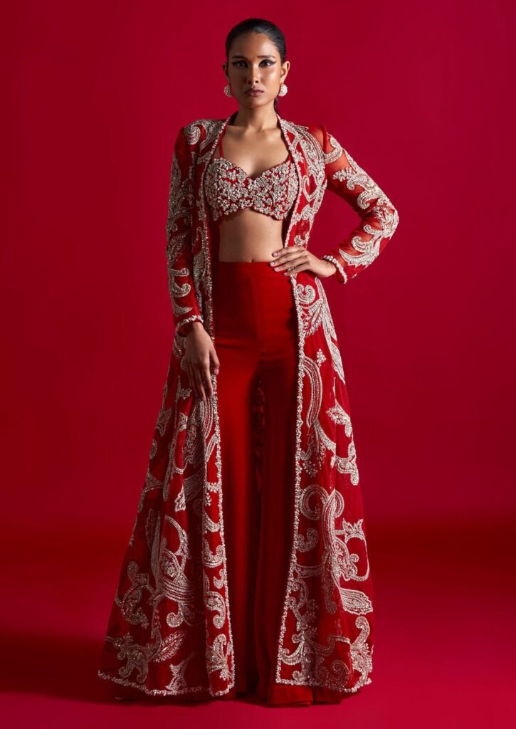 Red embroidered jacket and Gharara set