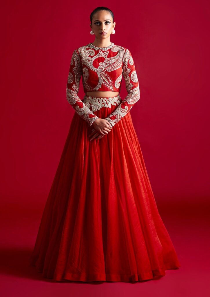 Red embroidered organza lehenga set – CUSTOM