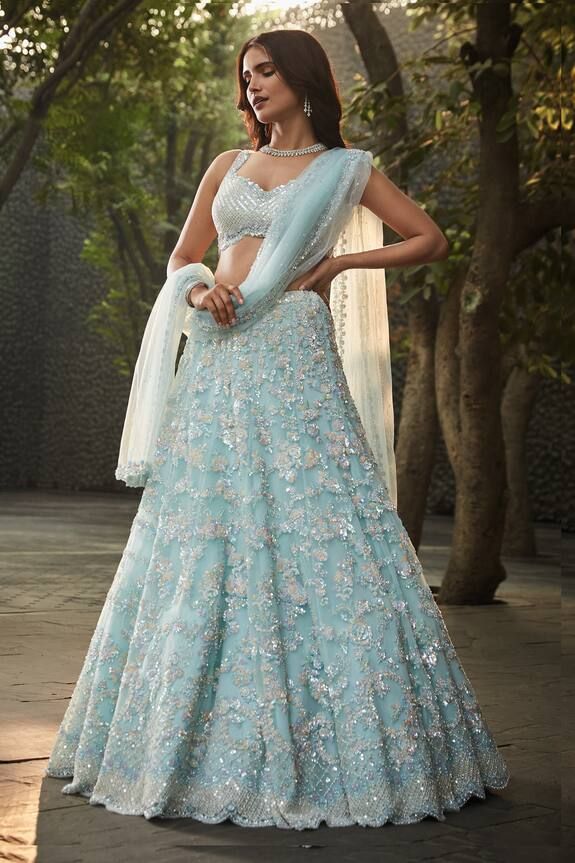 Seema Gujral Floral Embellished Lehenga Set | Women, Lehengas, Bridal Lehengas, Blue, Georgette; Dupatta: Soft Tulle, V Neck