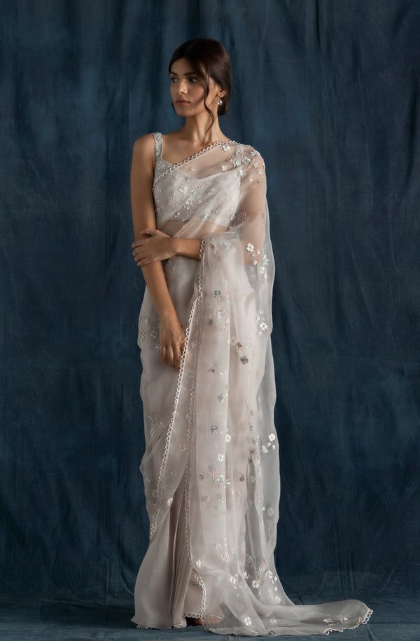 Soft Grey Pre-Stitched Saree Set