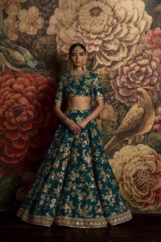 Teal Green Color Bridal Lehenga Choli inspired from Sabyasachi Collection