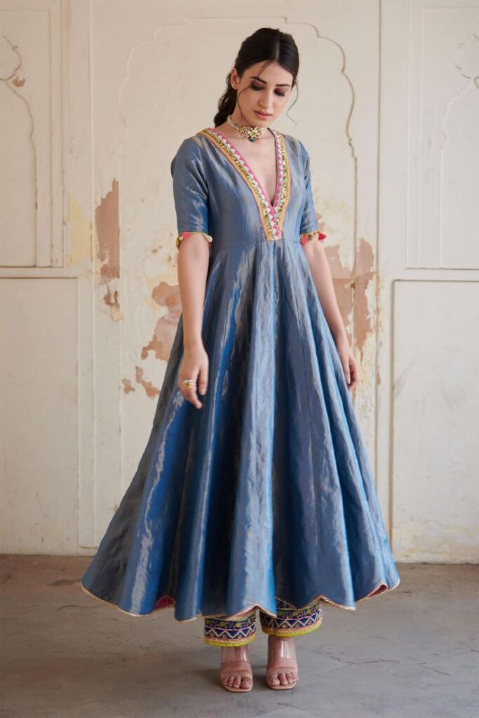 Tissue Silk Anarkali & Palazzo Set by Rajiramniq now available at Aza Fashions