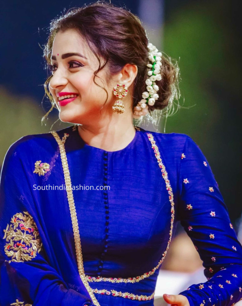 Trisha Krishnan Looks Regal in Blue Embroidered Anarkali Suit at PS 2 Promotions in Coimbatore!