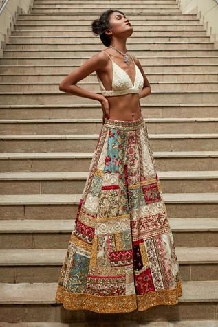 Varun Bahl Upcycled Lehenga Set | Multi Color, Georgette, V Neck, Sleeveless