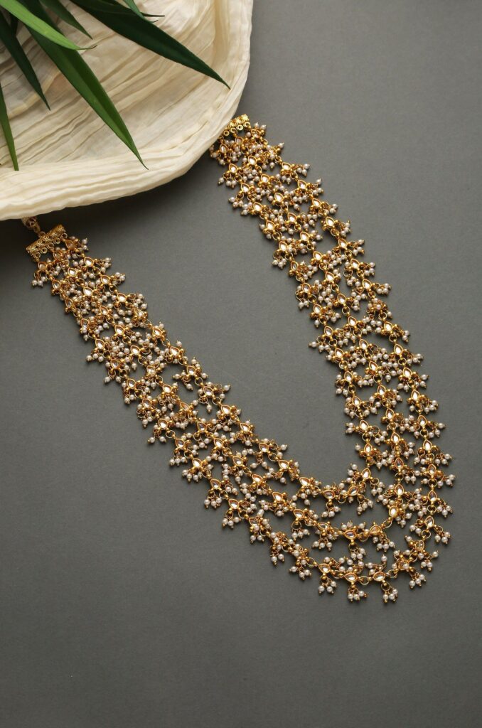 White Gold Tone Kundan Inspired Pearl Necklace / Gold Plated Kundan Necklace / Gold Tone Multistrand Kundan Inspired Pearl Necklace