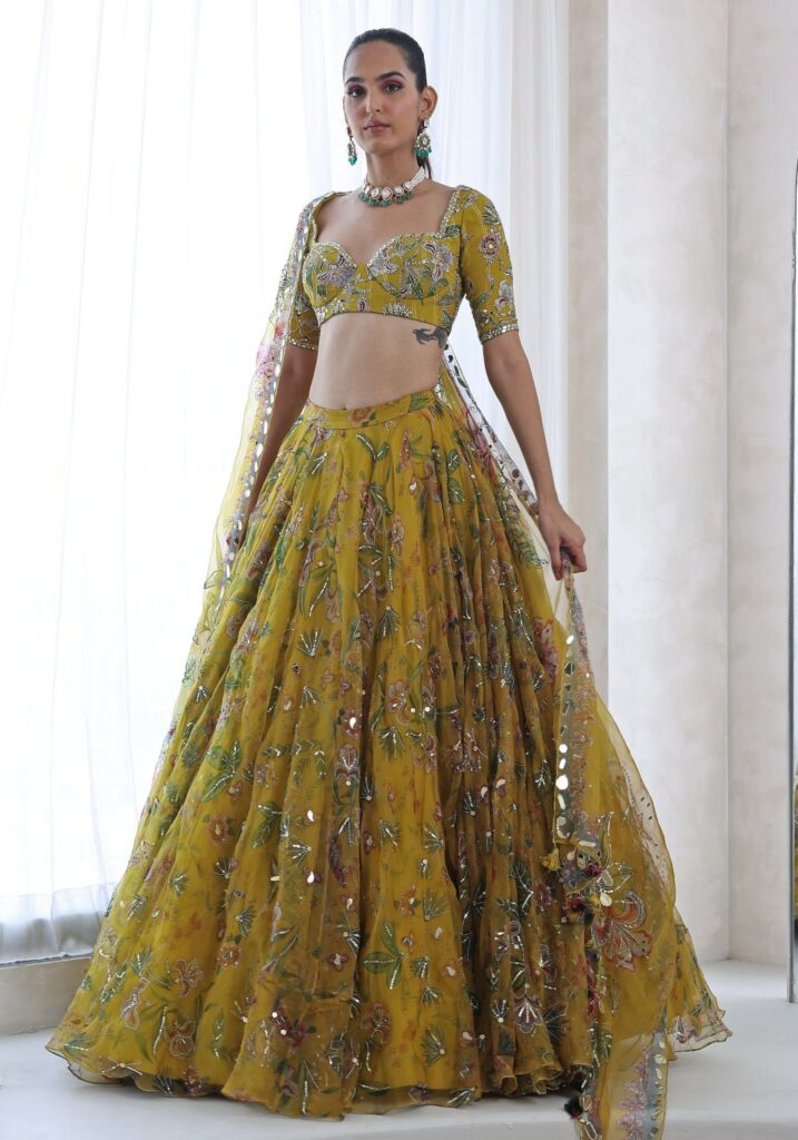 Yellow Floral Printed And Embroidered Lehenga Set – M