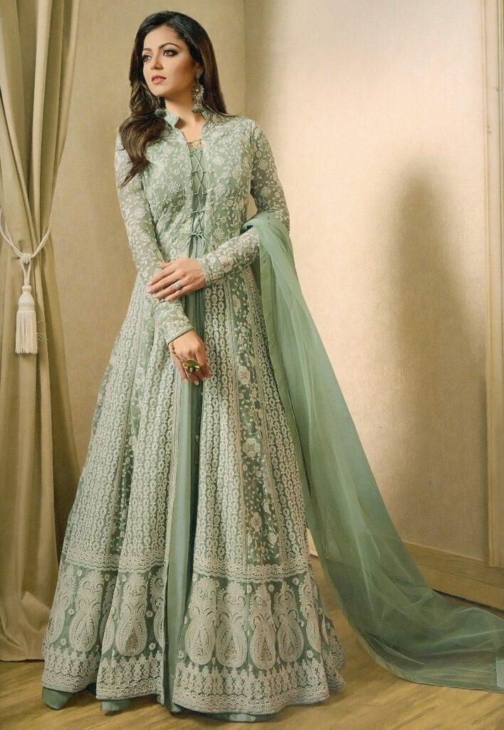 embroidered net abaya style suit in pastel green