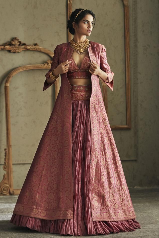 Tarun Tahiliani Brocade Jacket And Chanderi Skirt Set | Pink, Chanderi, V Neck, Jacket