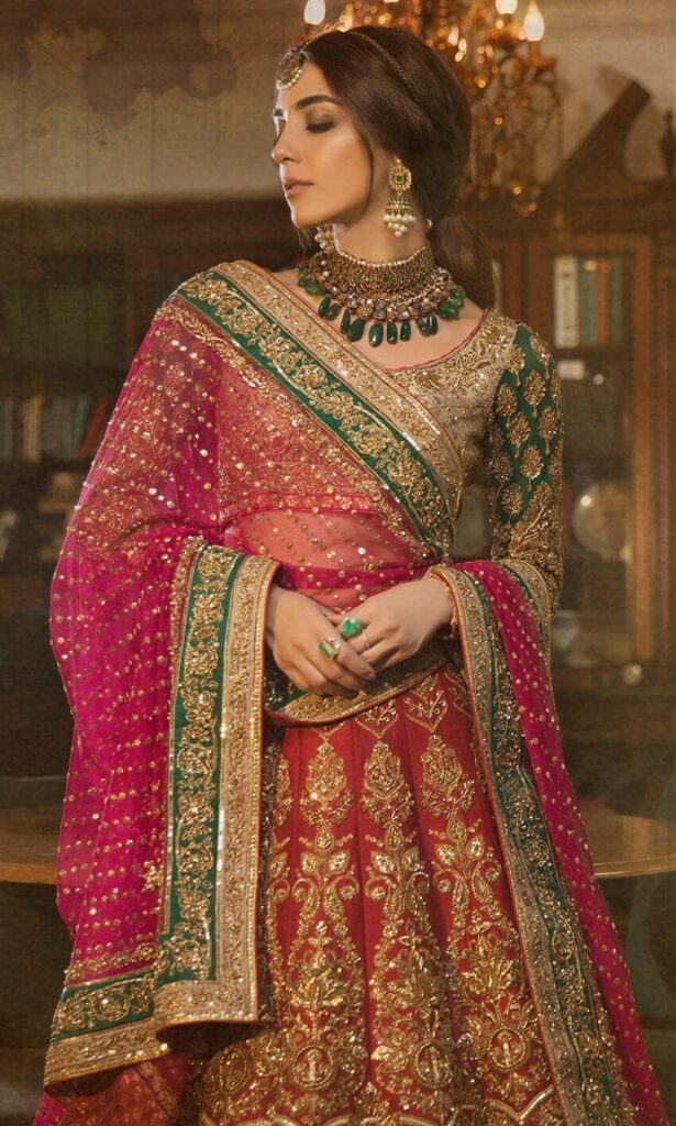 Red and Green Color Wedding lehenga