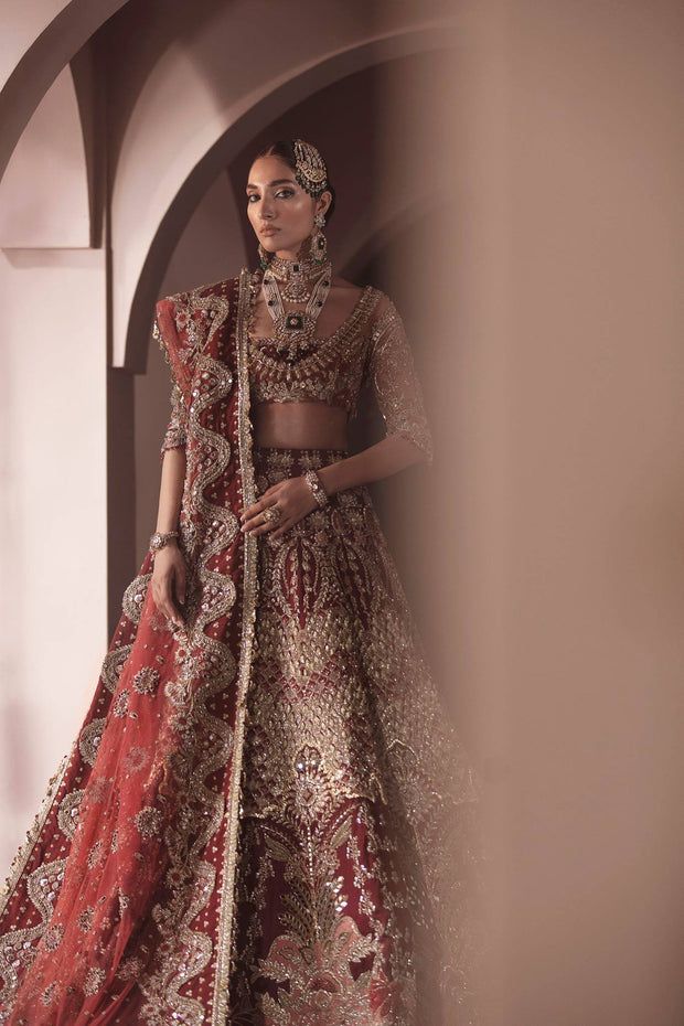 Pakistani Red Heavy Bridal Lehenga Crop Top Choli #BN905