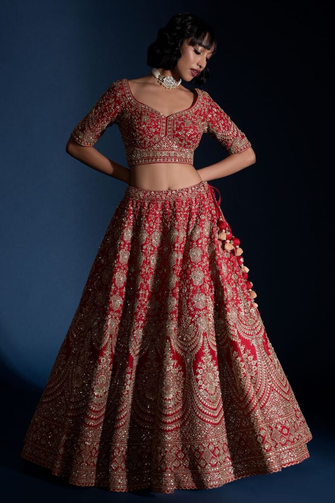 Buy Carmine Red Sequins Embroidered Silk Bridal Lehenga Online