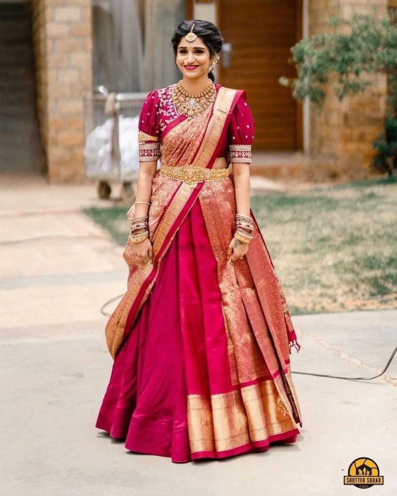 40 Elegant Half Saree Lehenga Designs For The South Indian Brides!