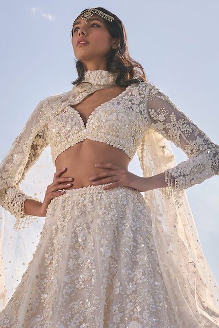 Buy Cream Net Embroidery Fabric Sweetheart 3d Floral Bridal Lehenga Set For Women by Seema Gujral Online at Aza Fashions.