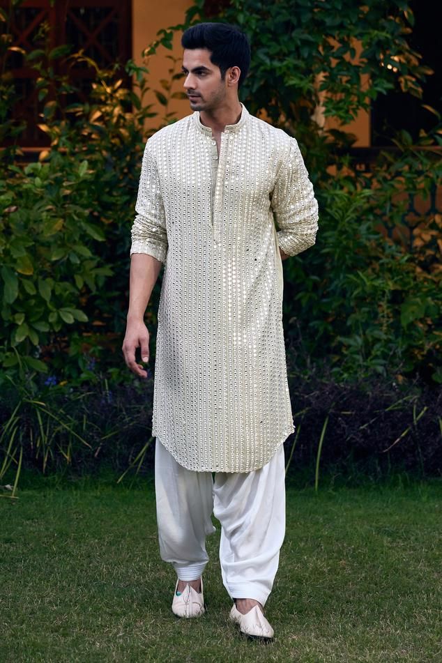 Ankit V Kapoor Yasir Kurta Set | Men, Kurta Sets, Embroidered, Green, Mirror, Georgette, Mandarin Collar, Full Sleeves