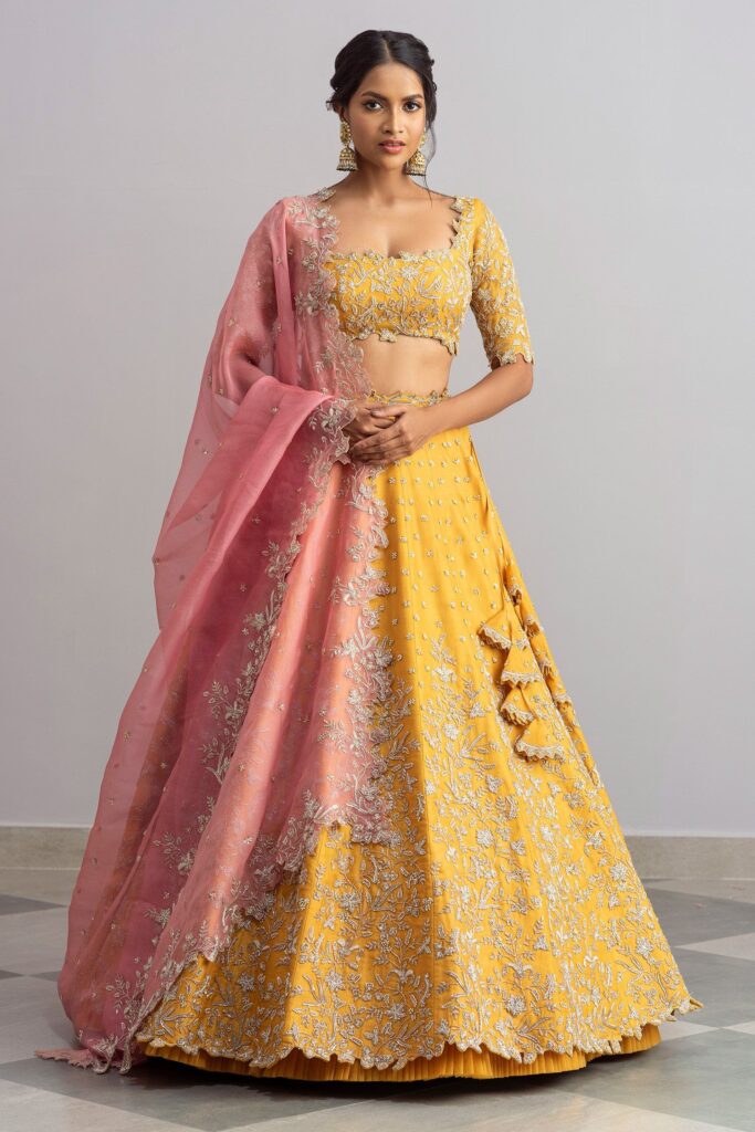 Anushree Reddy Nisf Organza Lehenga Set | Yellow, Organza, Square, Half