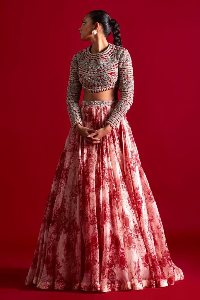 Bhumika Sharma Blossom Print Skirt And Embroidered Blouse Set | Red, Blossom Print, Organza, Round, Full