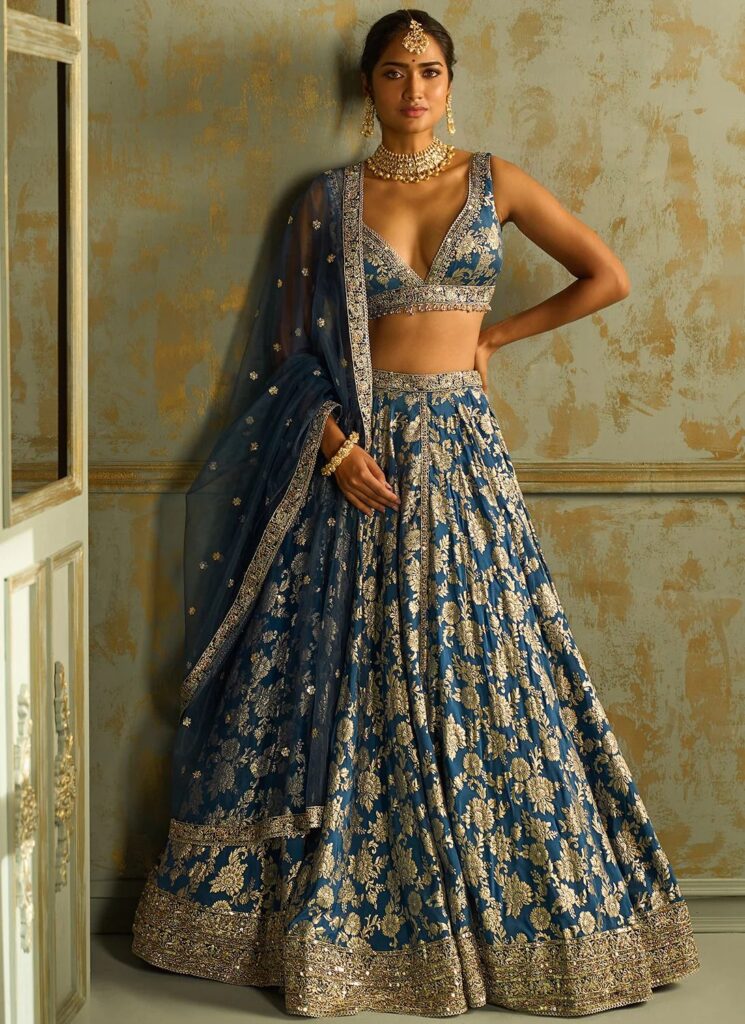 Blue Embroidered Brocade Lehenga