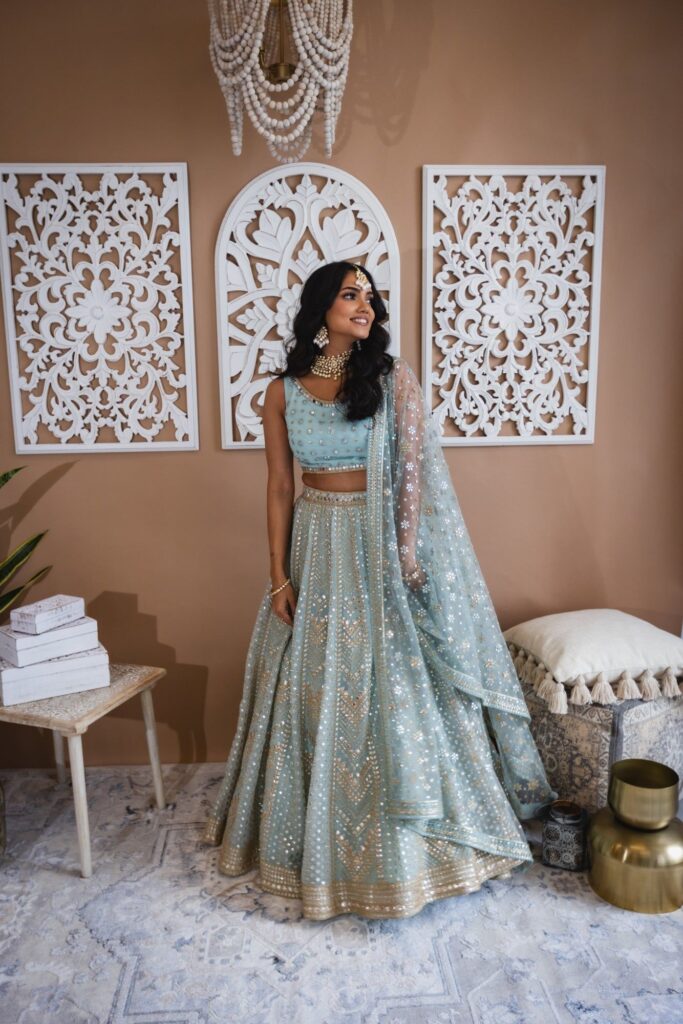 Blue Modern Indian Bridal Outfit: Women’s Gota Patti Lehenga Choli