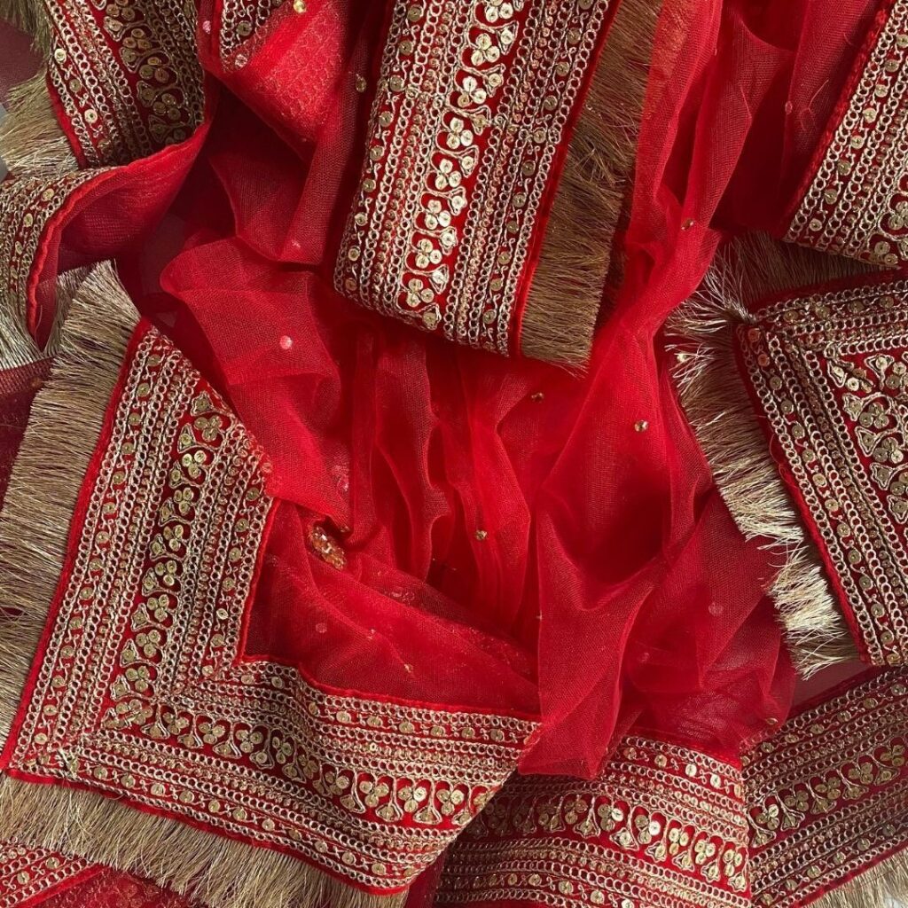 Bridal Queen Red Stone Embroidered Fringed Net Dupatta