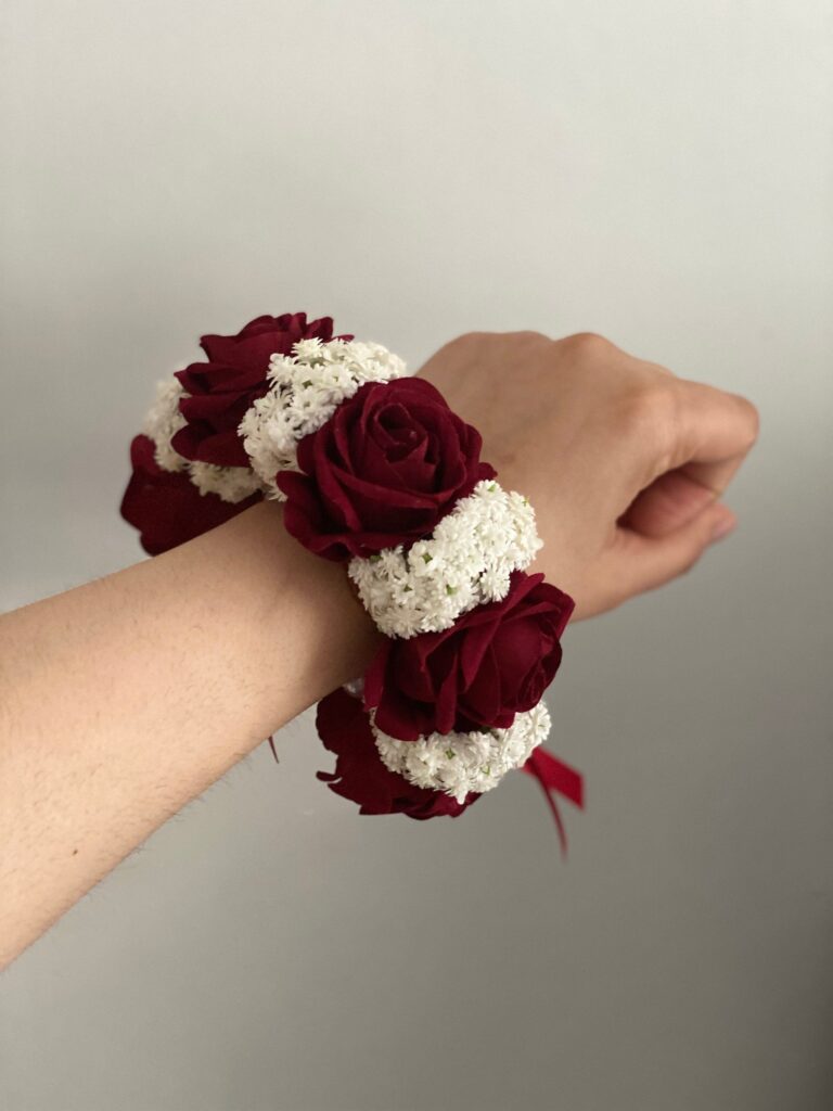 Bridal artificial flower gajra. Rose and gypsophila nikkah bracelets. One pair of silk flower bracelets.