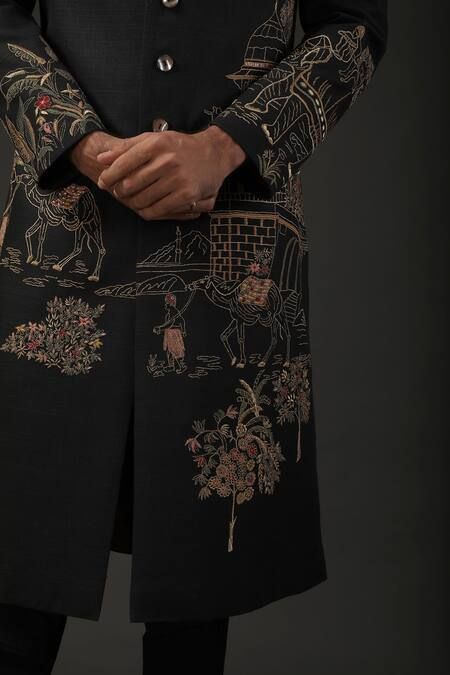 Buy Black Matka Silk Embroidered Resham Sherwani For Men by Rohit Bal Online at Aza Fashions.