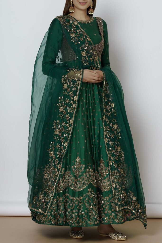 Buy Green Anarkali Raw Silkdupatta Organza Round Embroidered Set For Women by Astha Narang Online at Aza Fashions.