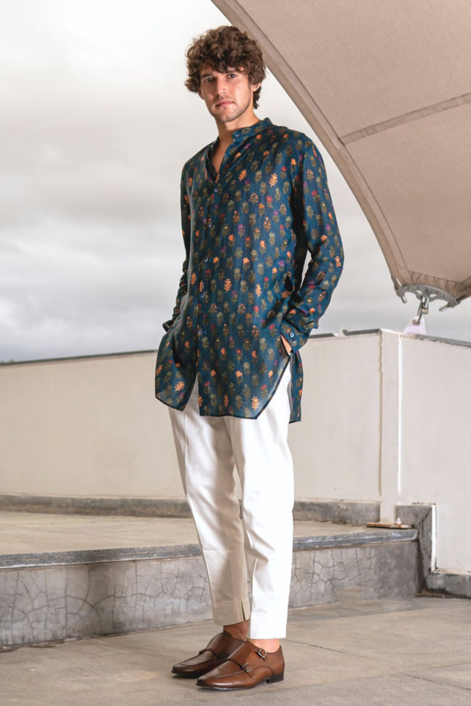 Buy Green Cotton Floral Print Short Kurta For Men by Project Bandi Online at Aza Fashions.