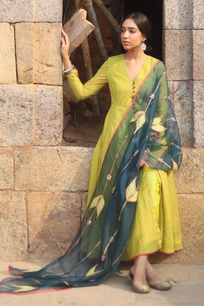 Buy Green Kurta Handwoven Tissue Chanderi Pant Silk Anarkali Set For Women by Rajiramniq Online at Aza Fashions.