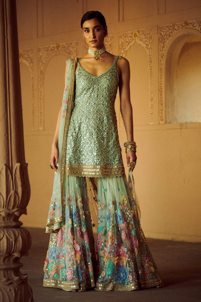 Buy Green Net V Neck Embroidered Kurta Set For Women by Seema Gujral Online at Aza Fashions.