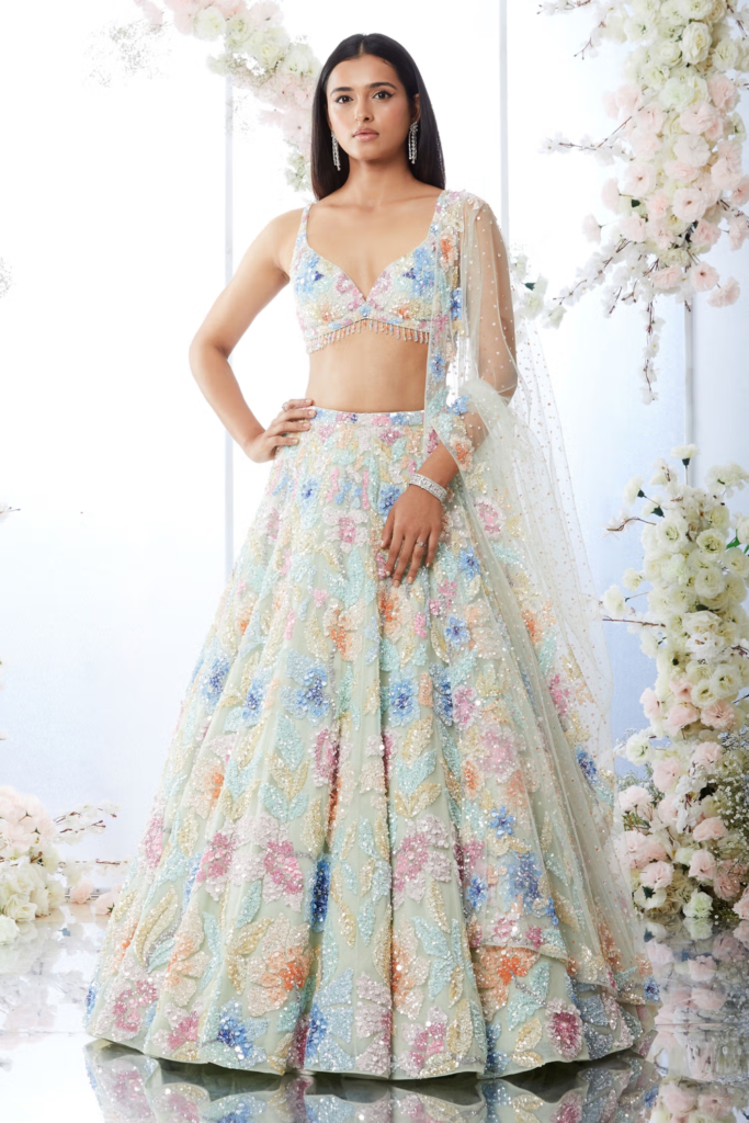 Buy Green Sequin Floral Embroidered Lehenga Set For Women by Seema Gujral Online at Aza Fashions.