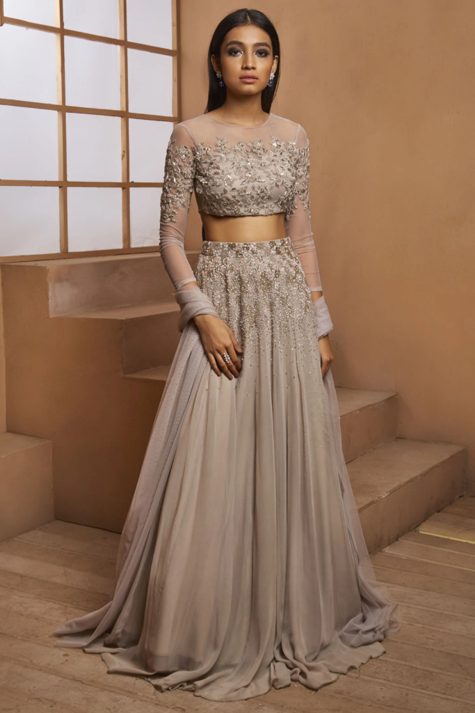 Buy Grey Georgette Round Embroidered Lehenga Set For Women by Shloka Khialani Online at Aza Fashions.