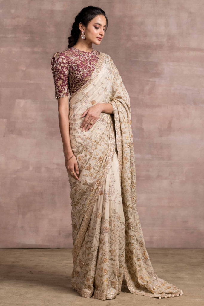 Buy Ivory embroidered printed sari & maroon blouse -Designer Wear – Ensemble