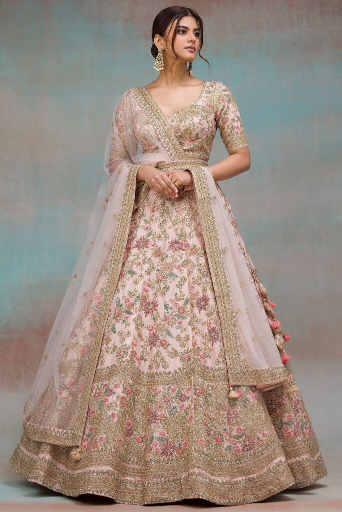 Buy Light Pink Sequins Embroidered Silk Bridal Lehenga  Online