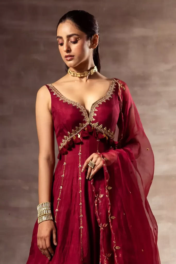 Buy Maroon Mulberry Silk Hand Embroidered Pita Work Anarkali With Dupatta For Women by Ruhr India Online at Aza Fashions.