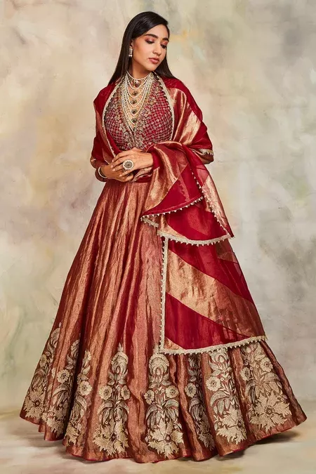 Buy Maroon Tissue Embroidery V Neck Lehenga Set For Women by Sue Mue Online at Aza Fashions.