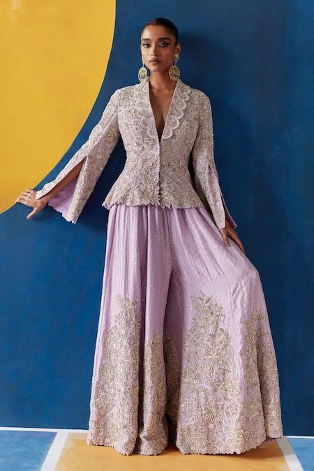 Buy Mrunalini Rao Purple Chaya Raw Silk Embroidered Jacket With Palazzo Online | Aza Fashions