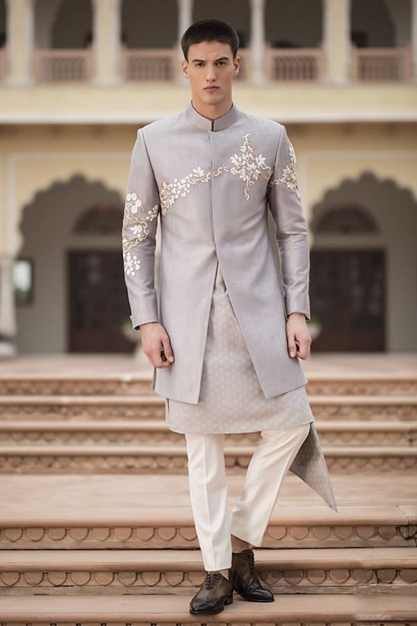 Buy Off-White & Pink Resham Embroidered Italian IndoWestern Sherwani Online