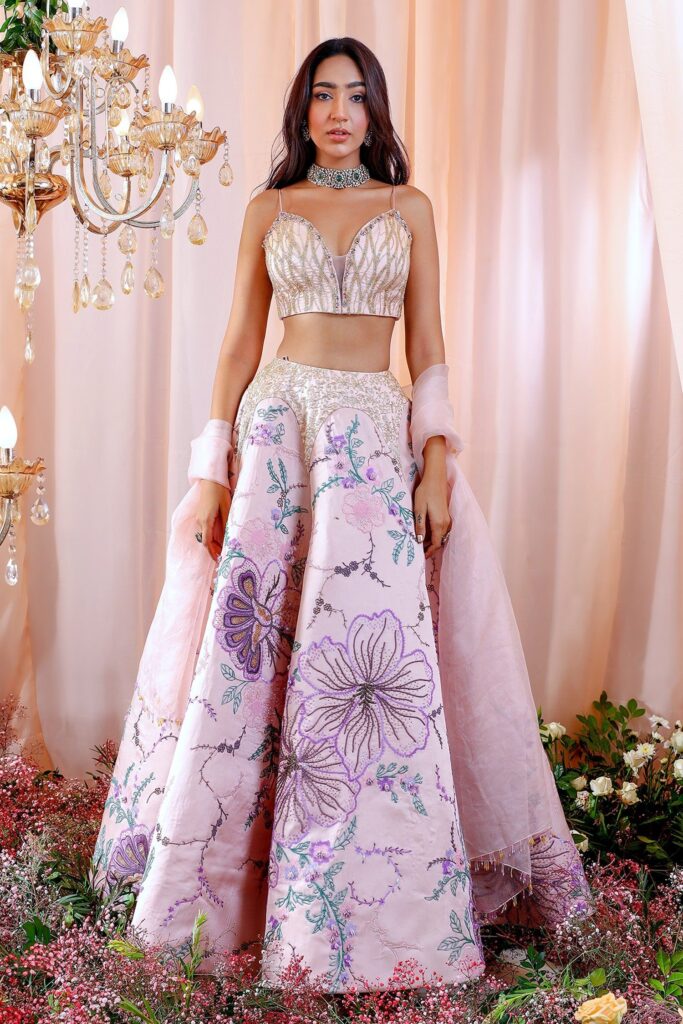 Buy Pink Satin Organza Hand Embroidered Floral Juliette Lehenga Set For Women by Mahima Mahajan Online at Aza Fashions.