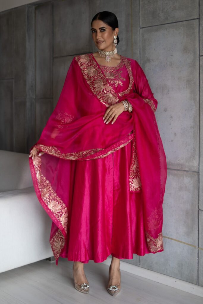 Buy Pink Silk Chanderi Embroidered Zari Round Anarkali Pant Set For Women by Pink City Online at Aza Fashions.