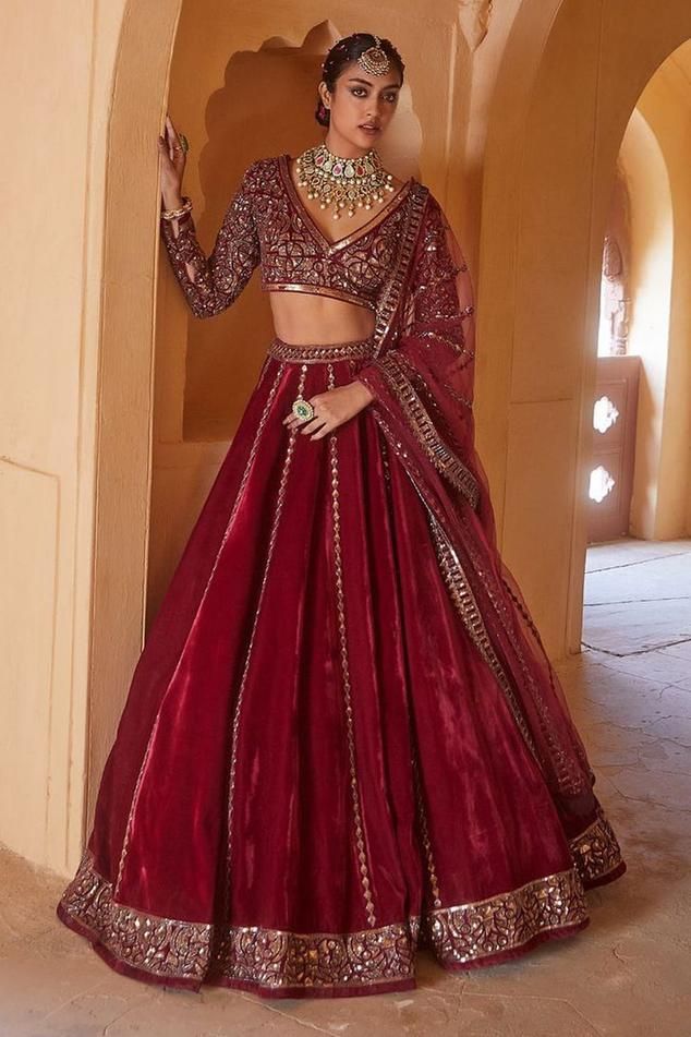 Buy Pink Velvet Hand Embroidered Zardozi Work V Neck Lehenga Set For Women by Weaver Story Online at Aza Fashions.