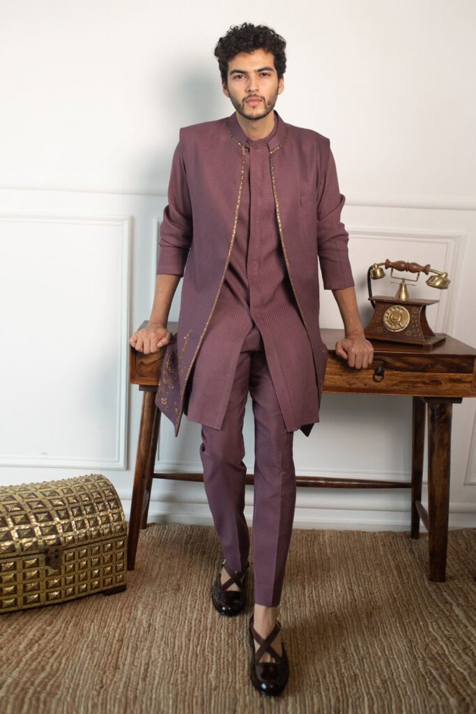 Buy Purple Textured Jacquard Jacket And Woven Kurta Set For Men by Contrast By Parth Online at Aza Fashions.