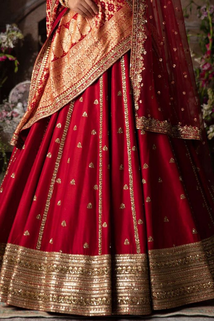 Buy Red Dupian Silk Embroidery Sweetheart Neck Bridal Lehenga Set For Women by Megha & Jigar Online at Aza Fashions.