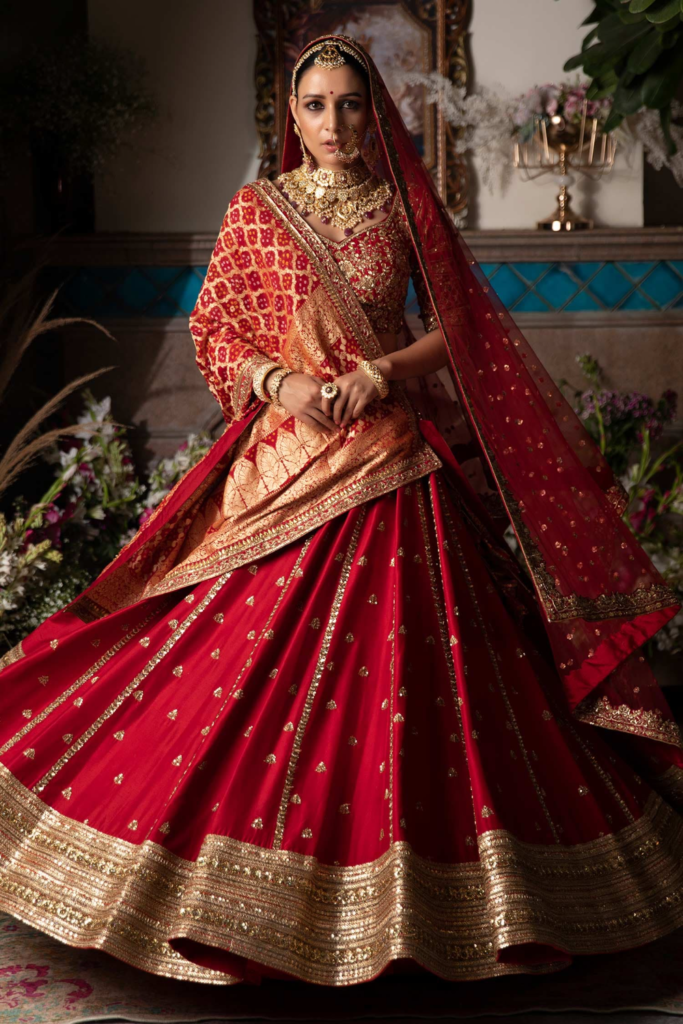 Buy Red Dupian Silk Embroidery Sweetheart Neck Bridal Lehenga Set For Women by Megha & Jigar Online at Aza Fashions.