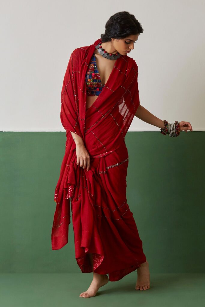 Buy Red Mulmul And Embroidery Hand Saree For Women by Medha Online at Aza Fashions.