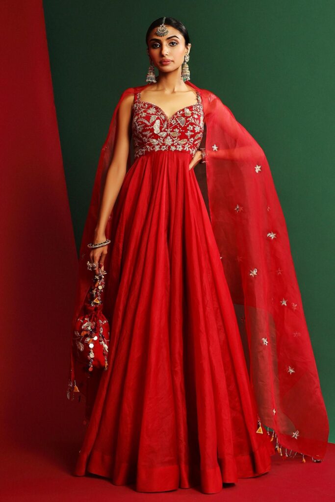 Buy Red Organza Embroidered Floral Pattern Yami Anarkali With Dupatta For Women by Mahima Mahajan Online at Aza Fashions.