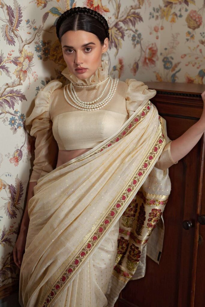 Buy Shimai Jayachandra Cream Silk Cotton Mughal Garden Embroidered Saree Online | Aza Fashions