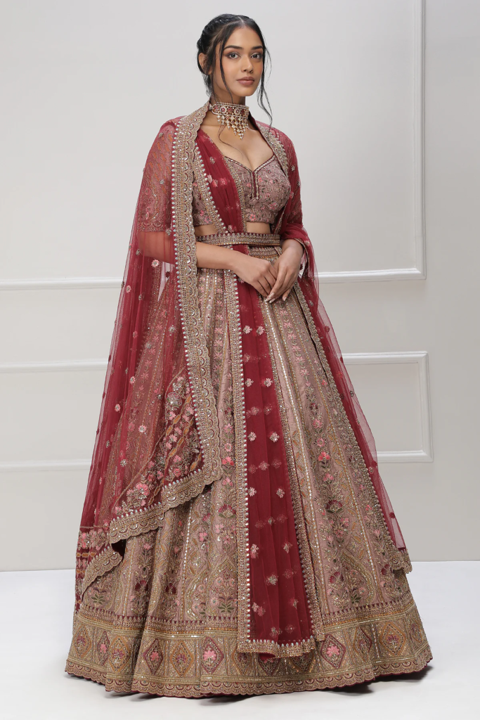 Buy Taupe Pink Zardosi Embroidered Raw Silk Wedding Lehenga Online