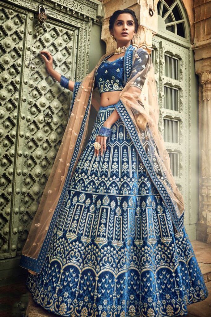 Buy Velvet Embroidered Lehenga Choli in Blue- (AD POSHAK 3401)